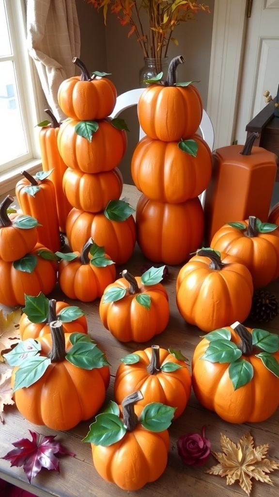 Wooden pumpkin crafts in various sizes and colors on a rustic table, surrounded by autumn decorations.